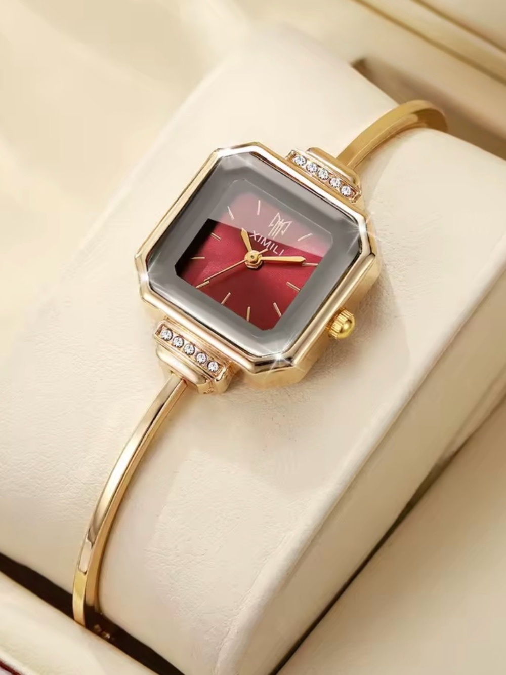 New Stylish Gold Bangle Watch with Red Dial